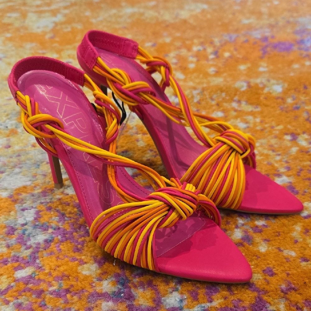 Express Pink and Orange Strappy Woven Heeled Sandals 9
